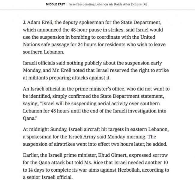 Steven Erlanger and Hassan M. Fattah, “Israel Suspending Lebanon Air Raids After Dozens Die” , <em>The New York Times</em>, New York, July 31, 2006