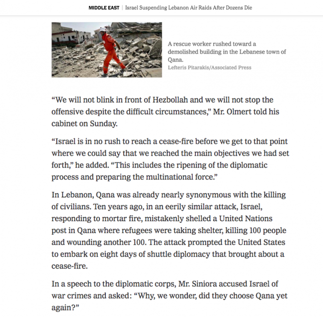 Steven Erlanger and Hassan M. Fattah, “Israel Suspending Lebanon Air Raids After Dozens Die” , <em>The New York Times</em>, New York, July 31, 2006