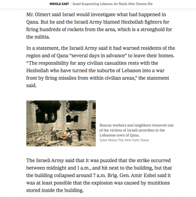 Steven Erlanger and Hassan M. Fattah, “Israel Suspending Lebanon Air Raids After Dozens Die” , <em>The New York Times</em>, New York, July 31, 2006