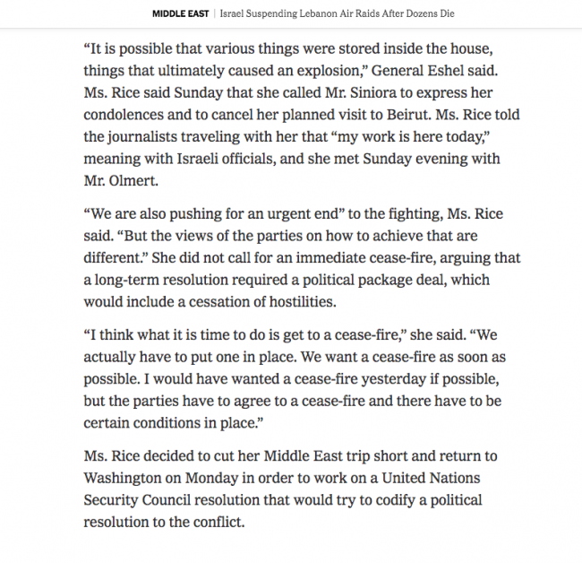 Steven Erlanger and Hassan M. Fattah, “Israel Suspending Lebanon Air Raids After Dozens Die” , <em>The New York Times</em>, New York, July 31, 2006