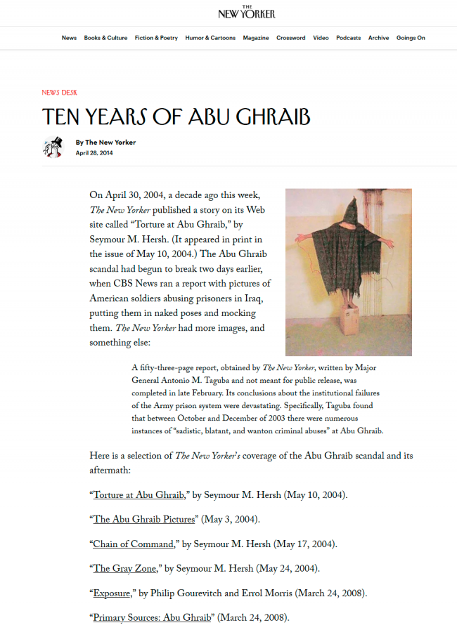 The New Yorker, “Ten Years of Abu Ghraib” [Diez años de Abu Ghraib], <em>The New Yorker</em>, Nueva York, 28 de abril, 2014
