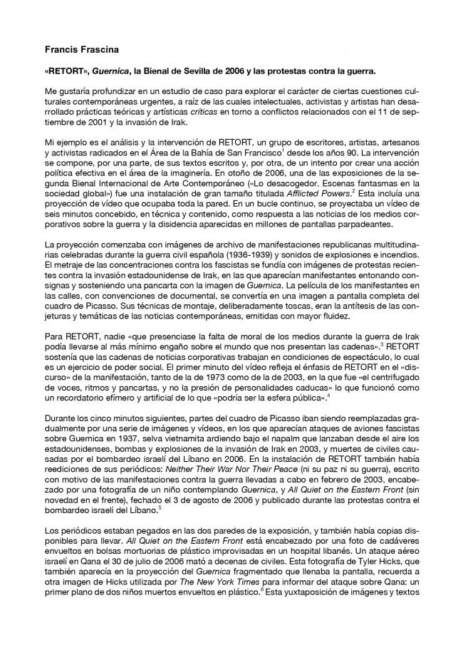 Essay by Francis Frascina, <em>Retort, Guernica, la Bienal de Sevilla de 2006 y las protestas contra la guerra</em> (Retort, Guernica, the 2006 Biennial of Seville, and Anti-War Protests), July 2018