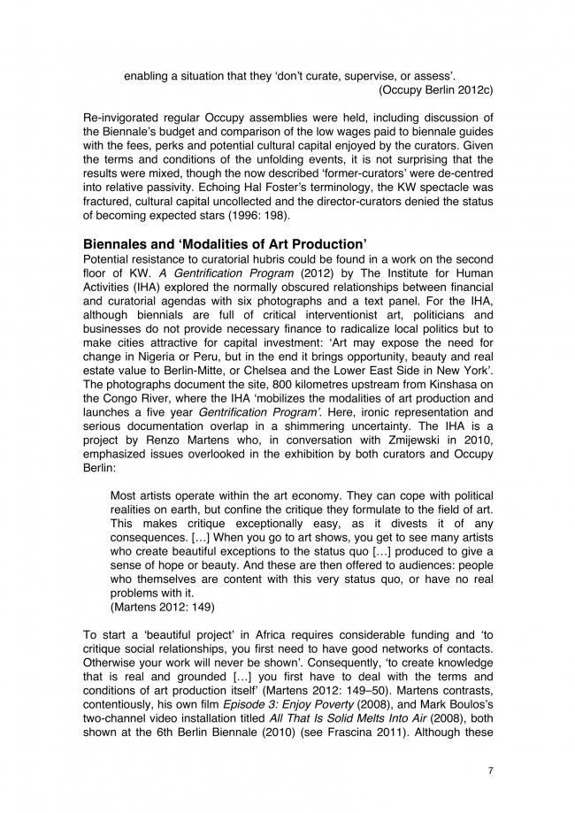 Francis Frascina, “Berlin, Paris, Liverpool: ‘Biennialization’ and Left Critique in 2012” [Berlín, París, Liverpool. “Bienalización” y crítica de izquierdas en 2012], <em>Journal of Curatorial Studies</em>, Toronto, vol. 2, n.º 1, 1 de febrero, 2013, pp. 2-31(30)  