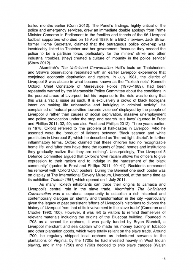 Francis Frascina, “Berlin, Paris, Liverpool: ‘Biennialization’ and Left Critique in 2012” [Berlín, París, Liverpool. “Bienalización” y crítica de izquierdas en 2012], <em>Journal of Curatorial Studies</em>, Toronto, vol. 2, n.º 1, 1 de febrero, 2013, pp. 2-31(30)  