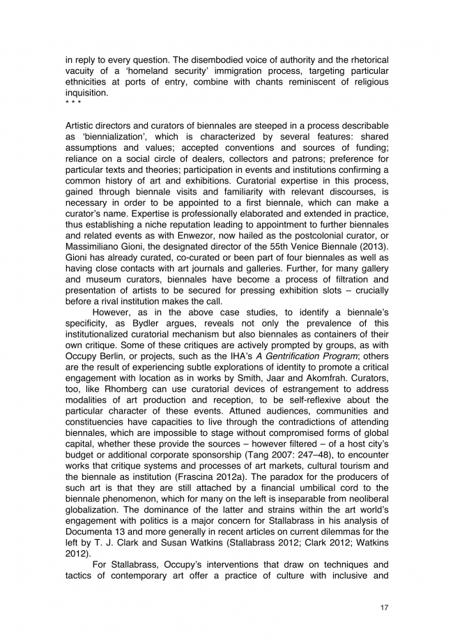 Francis Frascina, “Berlin, Paris, Liverpool: ‘Biennialization’ and Left Critique in 2012” [Berlín, París, Liverpool. “Bienalización” y crítica de izquierdas en 2012], <em>Journal of Curatorial Studies</em>, Toronto, vol. 2, n.º 1, 1 de febrero, 2013, pp. 2-31(30)  