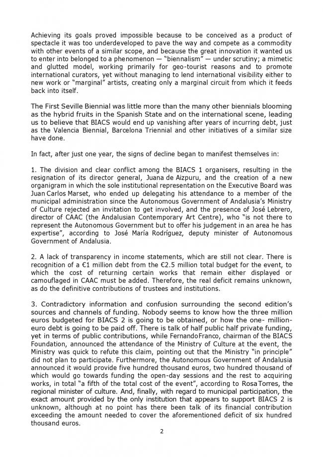 Comunicado de la Platform of Reflection on Cultural Policies [Plataforma de Reflexión sobre Políticas Culturales], <em>¡otra ¿BIACS? es posible!</em>, Sevilla, 30 de mayo, 2005