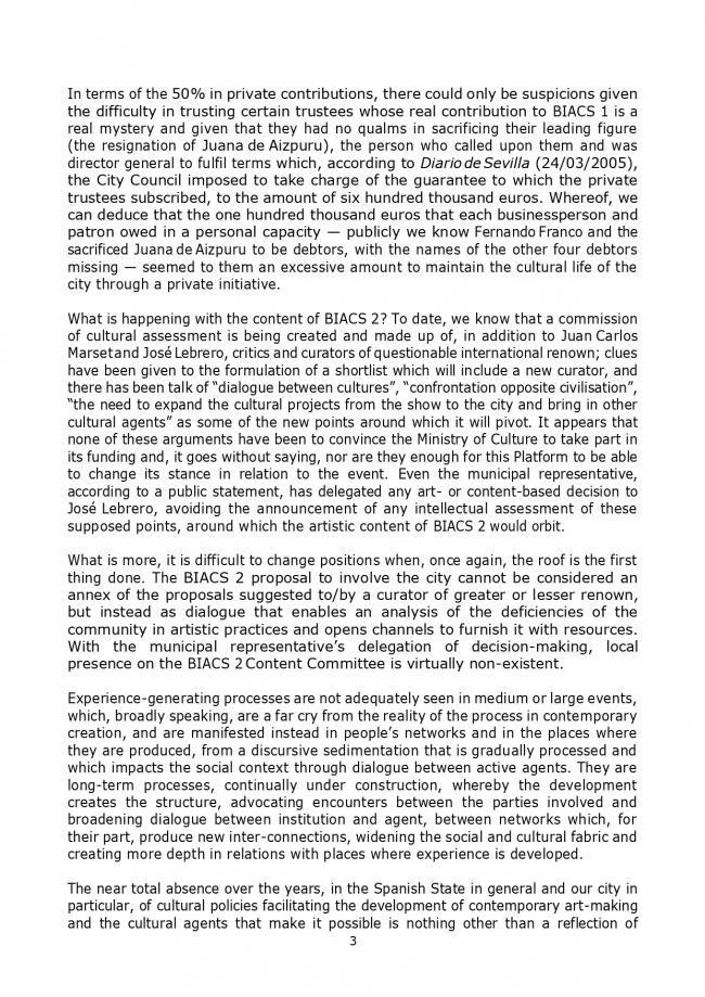 Comunicado de la Platform of Reflection on Cultural Policies [Plataforma de Reflexión sobre Políticas Culturales], <em>¡otra ¿BIACS? es posible!</em>, Sevilla, 30 de mayo, 2005