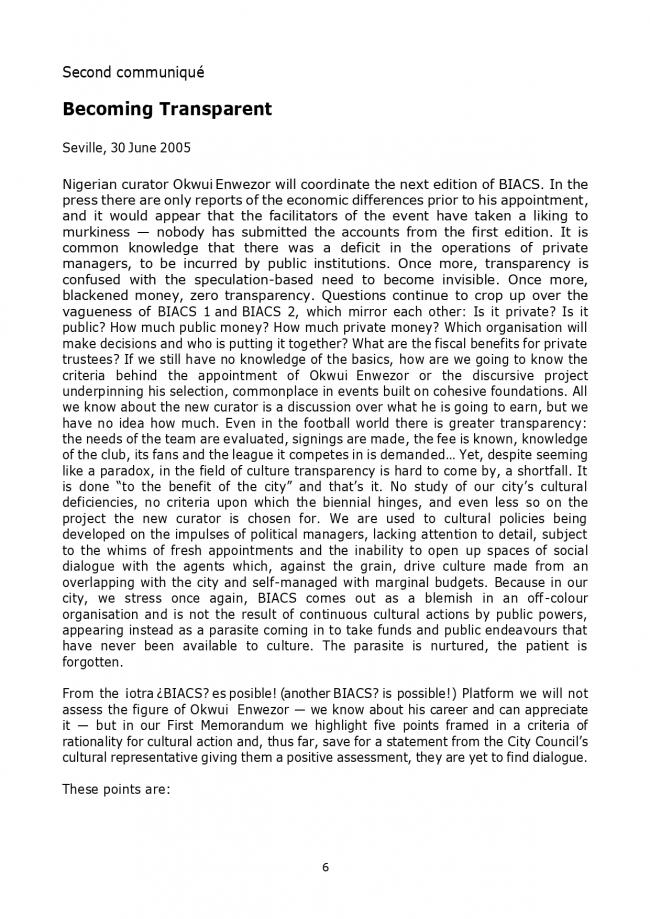 Segundo comunicado de la Platform of Reflection on Cultural Policies [Plataforma de Reflexión sobre Políticas Culturales], <em>Becoming Transparent</em> [Volvernos transparentes], Sevilla, 30 de junio, 2005