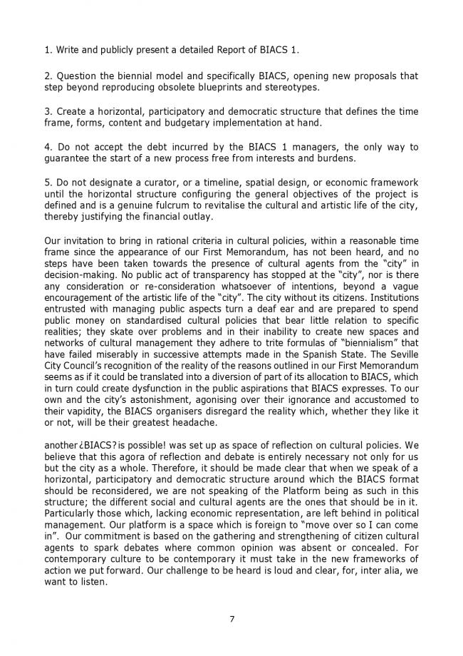 Segundo comunicado de la Platform of Reflection on Cultural Policies [Plataforma de Reflexión sobre Políticas Culturales], <em>Becoming Transparent</em> [Volvernos transparentes], Sevilla, 30 de junio, 2005