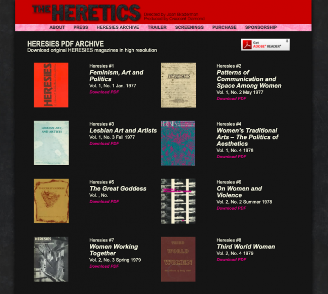 Página web del documental <em>The Heretics</em> (2009) de Joan Braderman