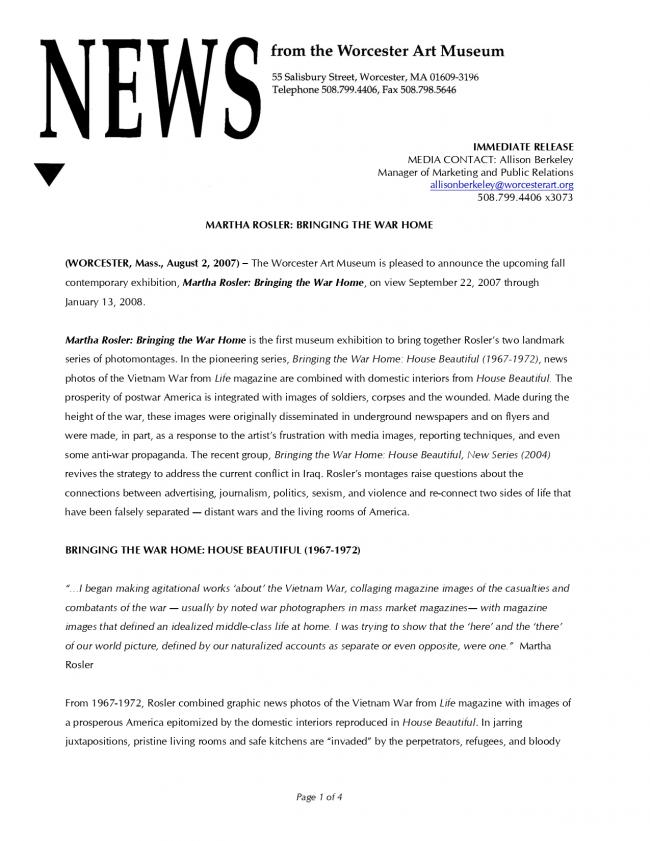 Nota de prensa del Worcester Art Museum