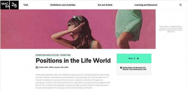 Screenshot from the MACBA website of Martha Rosler's exhibition <em>Positions in the Life World</em>