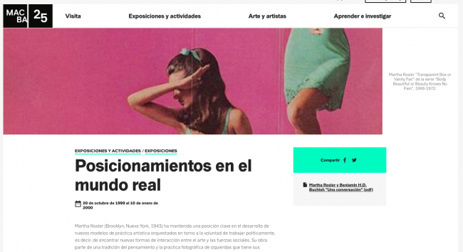 Screenshot from the MACBA website of Martha Rosler's exhibition <em>Posicionamientos en el mundo real</em>