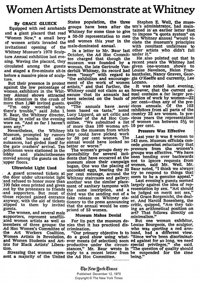 Grace Glueck, "Women Artists Demonstrate at Whitney", <em>The New York Times", December 12, 1970, 19