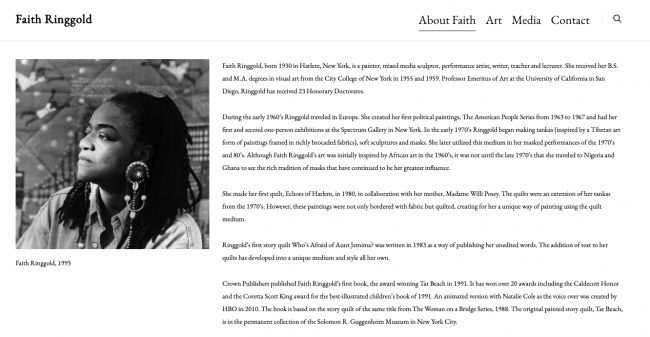 Screenshot of the Faith Ringgold website