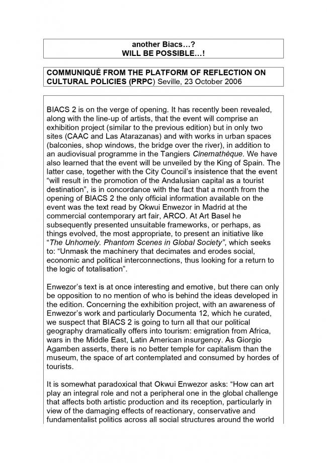 Comunicado de la Platform of Reflection on Cultural Policies [Plataforma de Reflexión sobre Políticas Culturales], <em>another BIACS…? WILL BE POSSIBLE!</em> [¿otra BIACS…? ¡SERÁ POSIBLE!], Sevilla, 23 de octubre, 2006