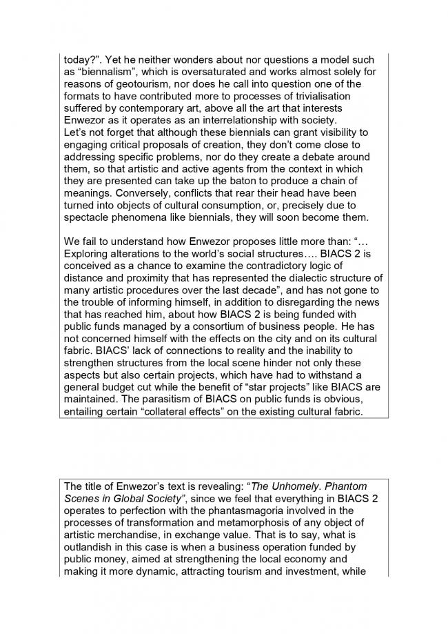 Comunicado de la Platform of Reflection on Cultural Policies [Plataforma de Reflexión sobre Políticas Culturales], <em>another BIACS…? WILL BE POSSIBLE!</em> [¿otra BIACS…? ¡SERÁ POSIBLE!], Sevilla, 23 de octubre, 2006