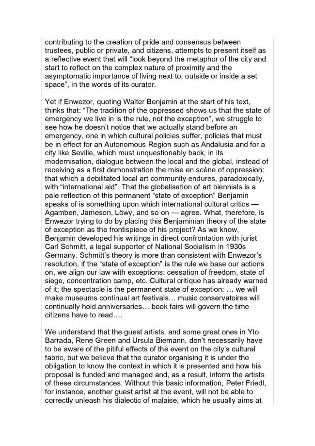 Comunicado de la Platform of Reflection on Cultural Policies [Plataforma de Reflexión sobre Políticas Culturales], <em>another BIACS…? WILL BE POSSIBLE!</em> [¿otra BIACS…? ¡SERÁ POSIBLE!], Sevilla, 23 de octubre, 2006
