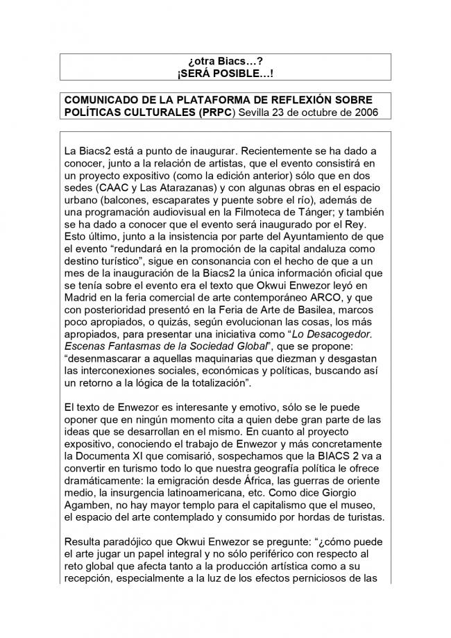 Comunicado de la Plataforma de Reflexión sobre Políticas Culturales, <em>¿otra BIACS…? ¡SERÁ POSIBLE!</em>, Sevilla, 23 de octubre, 2006
