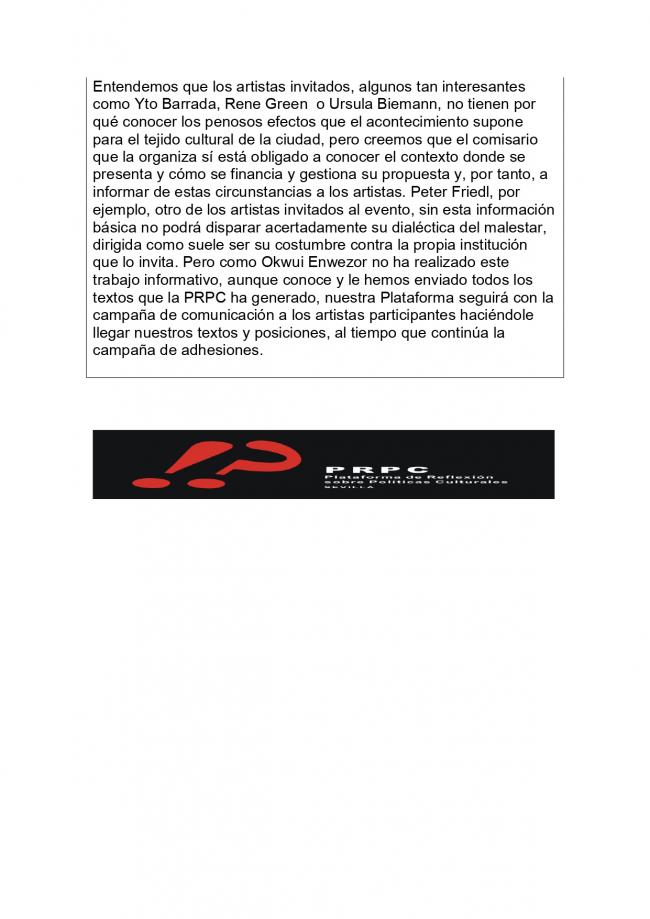 Comunicado de la Plataforma de Reflexión sobre Políticas Culturales, <em>¿otra BIACS…? ¡SERÁ POSIBLE!</em>, Sevilla, 23 de octubre, 2006