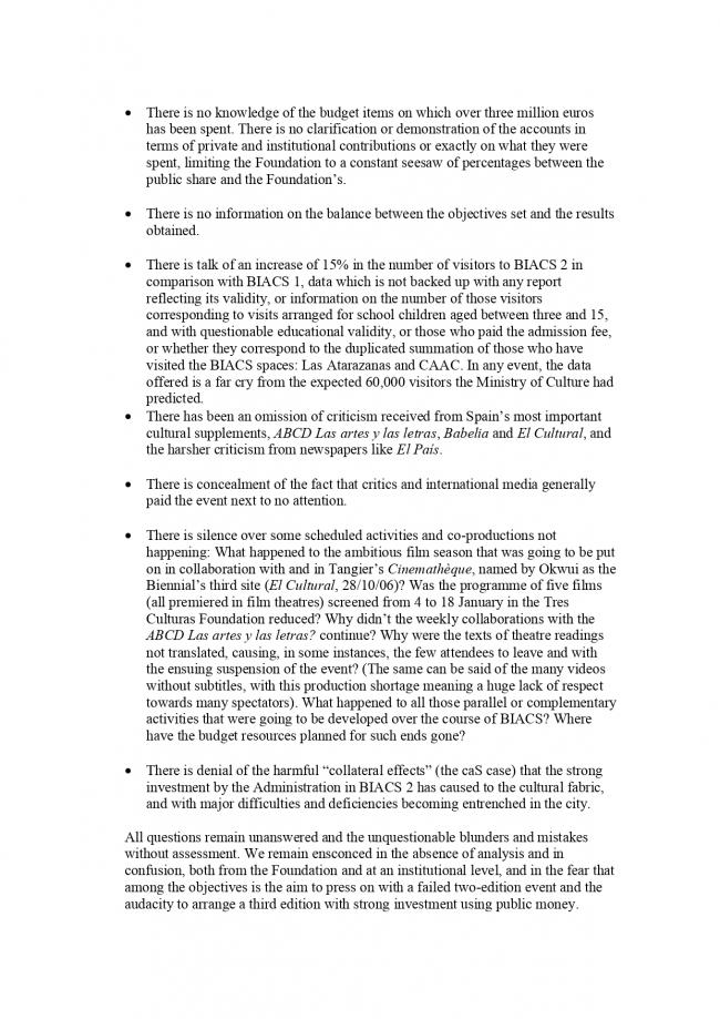 Comunicado de la Plataforma de Reflexión sobre Políticas Culturales, <em>BIACS 2. Squandering</em> [BIACS 2. Lo despilfarrador], Sevilla, enero, 2007