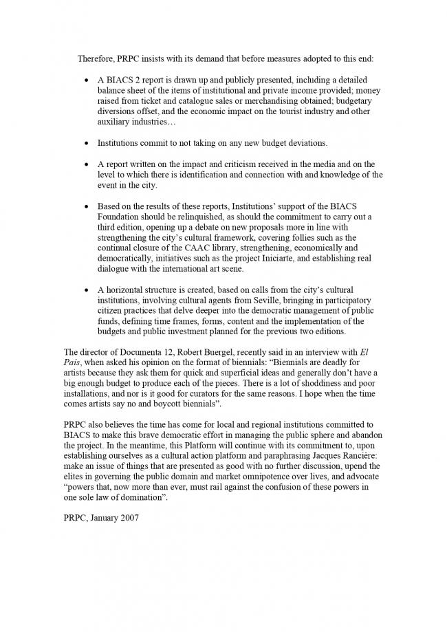 Comunicado de la Plataforma de Reflexión sobre Políticas Culturales, <em>BIACS 2. Squandering</em> [BIACS 2. Lo despilfarrador], Sevilla, enero, 2007
