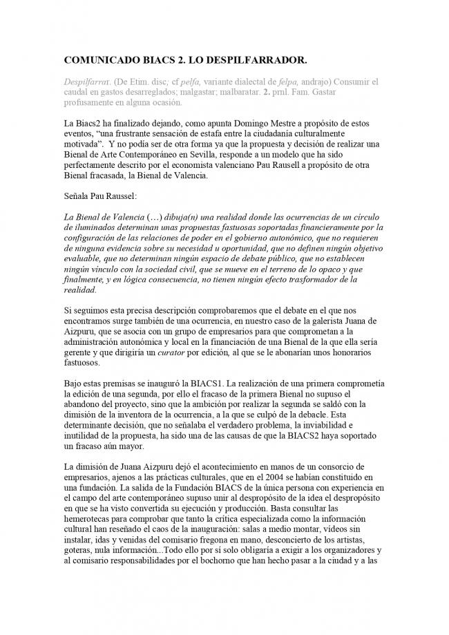 Comunicado de la Plataforma de Reflexión sobre Políticas Culturales, <em>BIACS 2. Lo despilfarrador</em>, Sevilla, enero, 2007