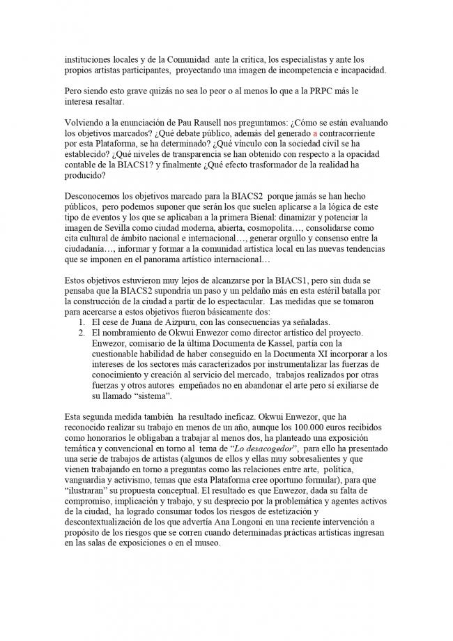 Comunicado de la Plataforma de Reflexión sobre Políticas Culturales, <em>BIACS 2. Lo despilfarrador</em>, Sevilla, enero, 2007