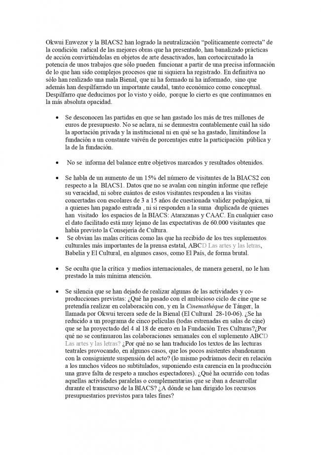 Comunicado de la Plataforma de Reflexión sobre Políticas Culturales, <em>BIACS 2. Lo despilfarrador</em>, Sevilla, enero, 2007