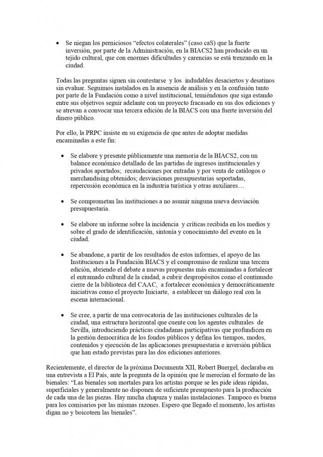 Comunicado de la Plataforma de Reflexión sobre Políticas Culturales, <em>BIACS 2. Lo despilfarrador</em>, Sevilla, enero, 2007