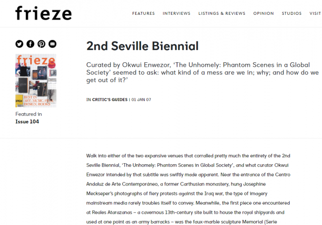 Martin Herbert, “2nd Seville Biennial” [Segunda Bienal de Sevilla], <em>Frieze</em>, Londres, n.º 104 (enero-febrero, 2007), 1 de enero, 2007