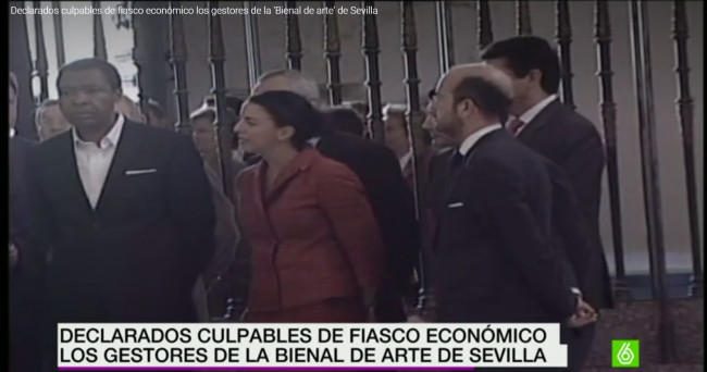 Screenshot of the report “Declarados culpables de fiasco económico los gestores de la ‘Bienal de arte’ de Sevilla” (The managers of the Art Biennial of Seville found guilty of a “financial fiasco”), La Sexta Noticias, January 21, 2016