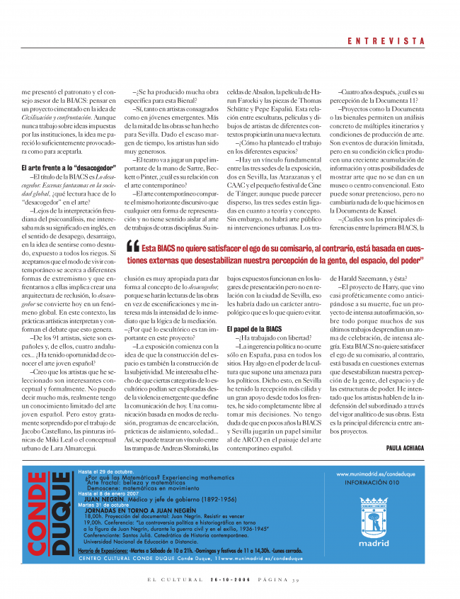 Entrevista de Paula Achiaga con Okwui Enwezor, “La BIACS y Sevilla jugarán un papel similar al de ARCO en el arte español”, <em>El Cultural</em>, 26 de octubre, 2006