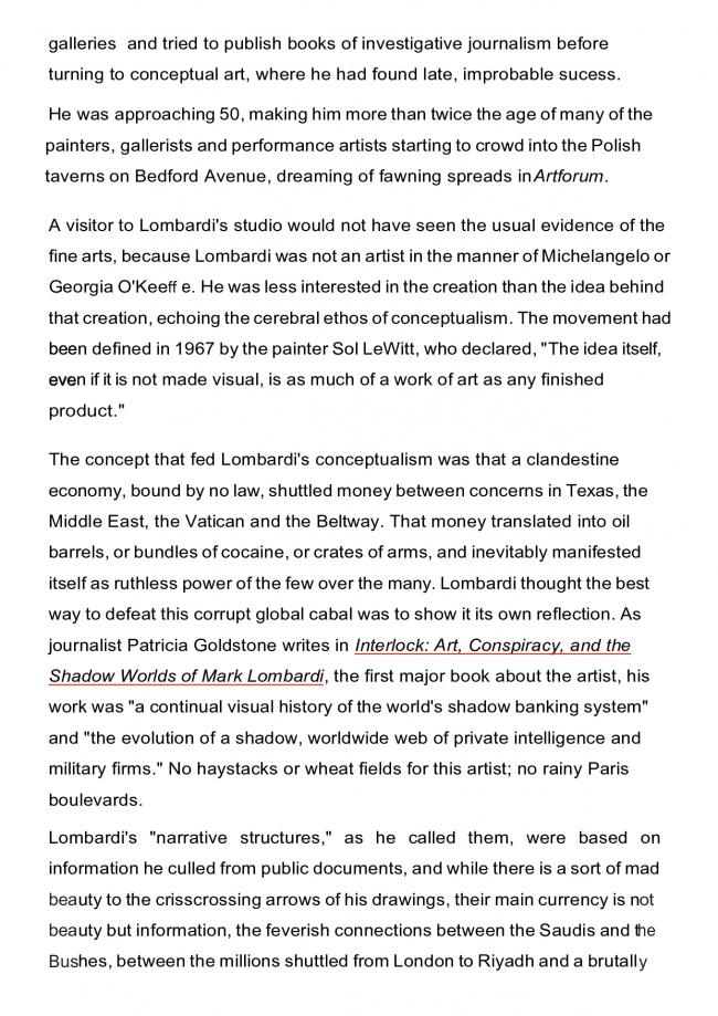 Alexander Nazaryan, “Mark Lombardi's Art Was Full of Conspiracies—Now His Death Has Become One” [La obra de Mark Lombardi estaba llena de conspiraciones; ahora su muerte también se ha convertido en una], <em>Newsweek</em>, Nueva York, 10 de marzo, 2015