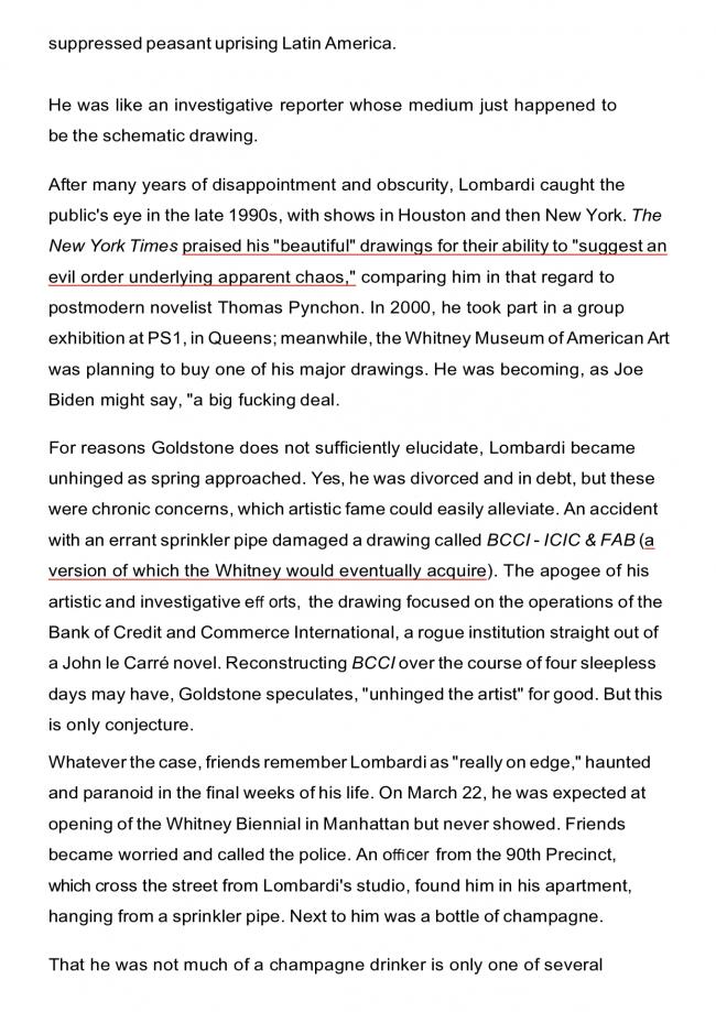 Alexander Nazaryan, “Mark Lombardi's Art Was Full of Conspiracies—Now His Death Has Become One” [La obra de Mark Lombardi estaba llena de conspiraciones; ahora su muerte también se ha convertido en una], <em>Newsweek</em>, Nueva York, 10 de marzo, 2015