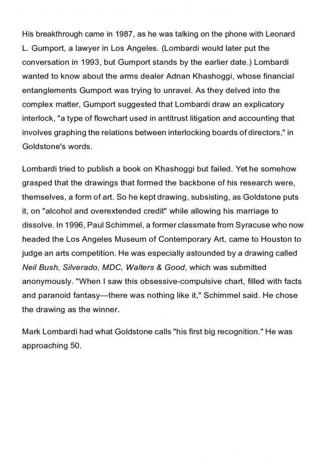 Alexander Nazaryan, “Mark Lombardi's Art Was Full of Conspiracies—Now His Death Has Become One” [La obra de Mark Lombardi estaba llena de conspiraciones; ahora su muerte también se ha convertido en una], <em>Newsweek</em>, Nueva York, 10 de marzo, 2015