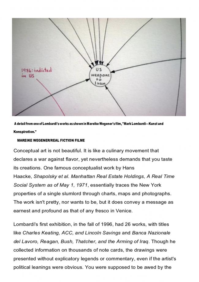 Alexander Nazaryan, “Mark Lombardi's Art Was Full of Conspiracies—Now His Death Has Become One” [La obra de Mark Lombardi estaba llena de conspiraciones; ahora su muerte también se ha convertido en una], <em>Newsweek</em>, Nueva York, 10 de marzo, 2015