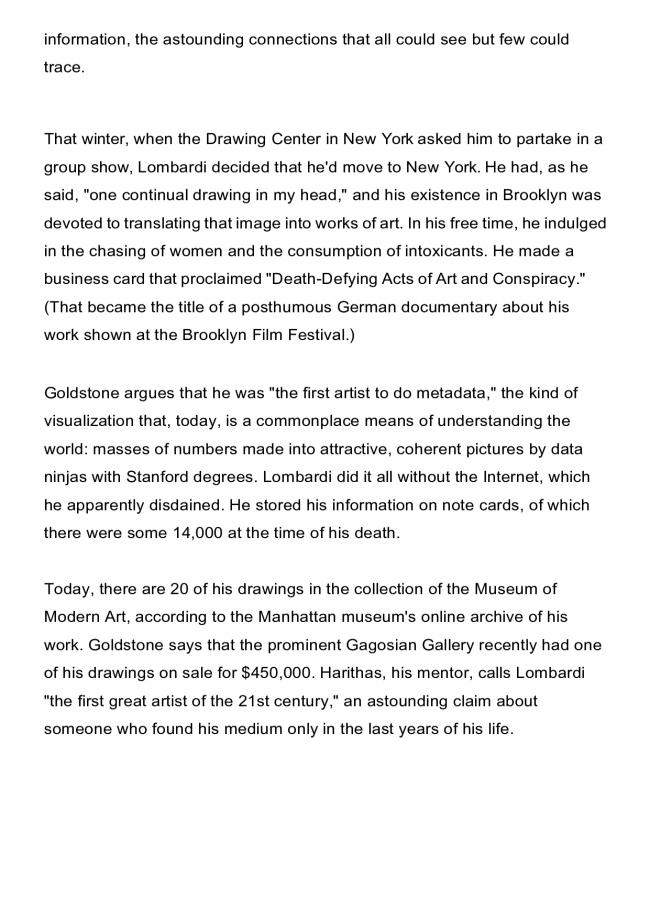 Alexander Nazaryan, “Mark Lombardi's Art Was Full of Conspiracies—Now His Death Has Become One” [La obra de Mark Lombardi estaba llena de conspiraciones; ahora su muerte también se ha convertido en una], <em>Newsweek</em>, Nueva York, 10 de marzo, 2015
