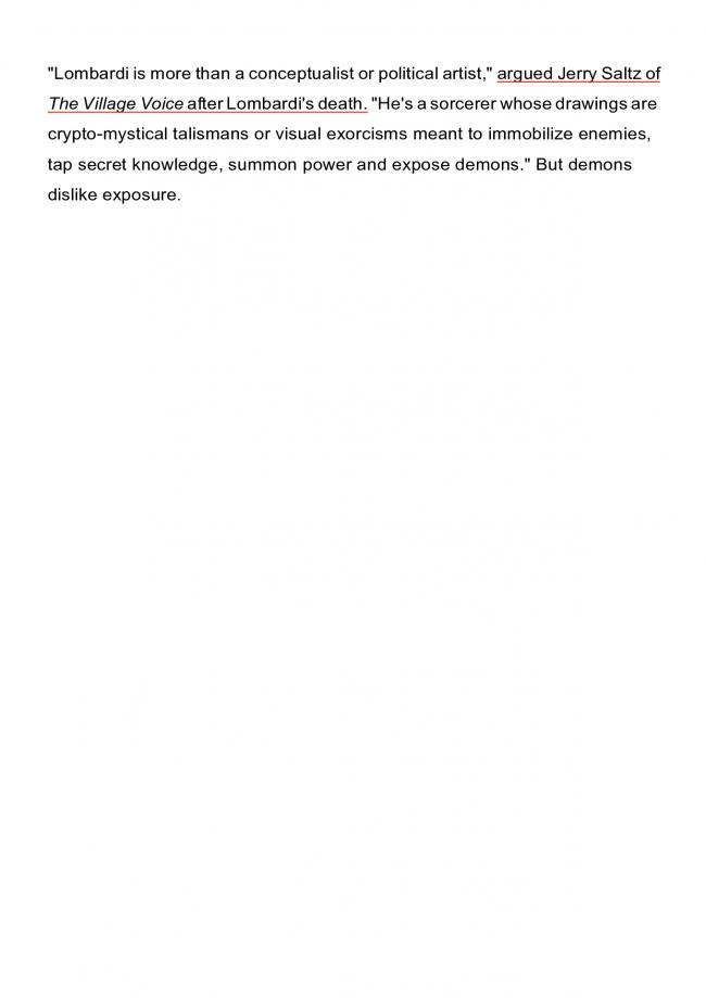 Alexander Nazaryan, “Mark Lombardi's Art Was Full of Conspiracies—Now His Death Has Become One” [La obra de Mark Lombardi estaba llena de conspiraciones; ahora su muerte también se ha convertido en una], <em>Newsweek</em>, Nueva York, 10 de marzo, 2015