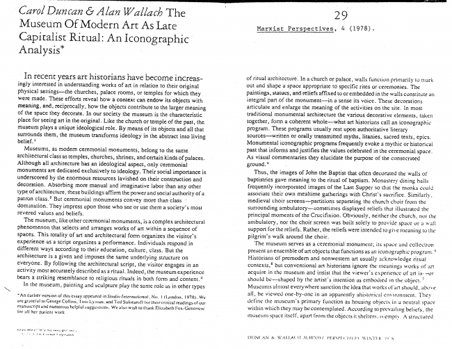 Carol Duncan y Alan Wallach, “The Museum of Modern Art as Late Capitalist Ritual: An Iconographic Analysis” [El Museo de Arte Moderno como un ritual tardo capitalista. Un análisis iconográfico], <em>Marxist Perspectives</em>, Nueva York, vol. 1, n.º 4, invierno, 1978, pp. 28-29