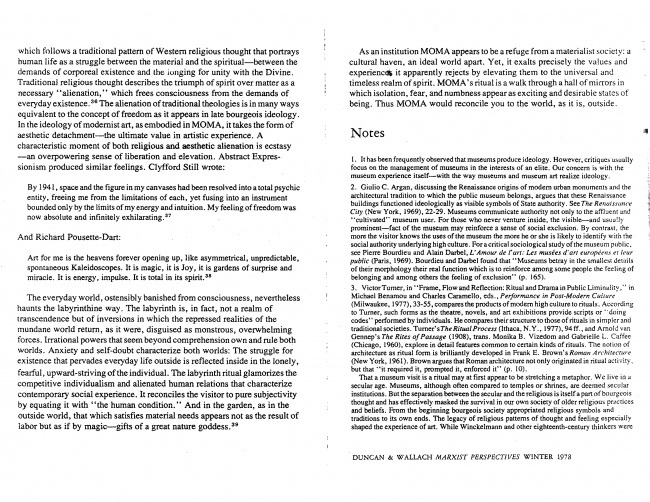 Carol Duncan y Alan Wallach, “The Museum of Modern Art as Late Capitalist Ritual: An Iconographic Analysis” [El Museo de Arte Moderno como un ritual tardo capitalista. Un análisis iconográfico], <em>Marxist Perspectives</em>, Nueva York, vol. 1, n.º 4, invierno, 1978, pp. 46-47