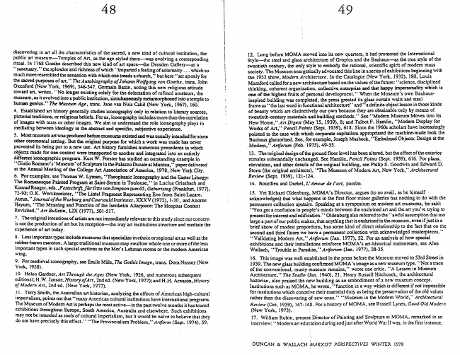 Carol Duncan y Alan Wallach, “The Museum of Modern Art as Late Capitalist Ritual: An Iconographic Analysis” [El Museo de Arte Moderno como un ritual tardo capitalista. Un análisis iconográfico], <em>Marxist Perspectives</em>, Nueva York, vol. 1, n.º 4, invierno, 1978, pp. 48-49