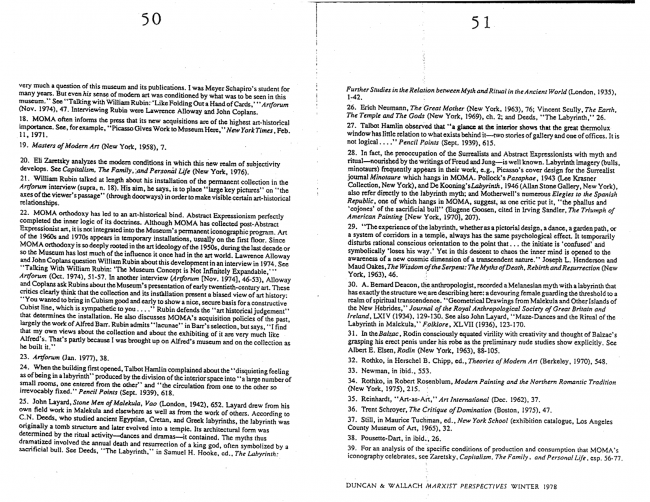 Carol Duncan y Alan Wallach, “The Museum of Modern Art as Late Capitalist Ritual: An Iconographic Analysis” [El Museo de Arte Moderno como un ritual tardo capitalista. Un análisis iconográfico], <em>Marxist Perspectives</em>, Nueva York, vol. 1, n.º 4, invierno, 1978, pp. 50-51