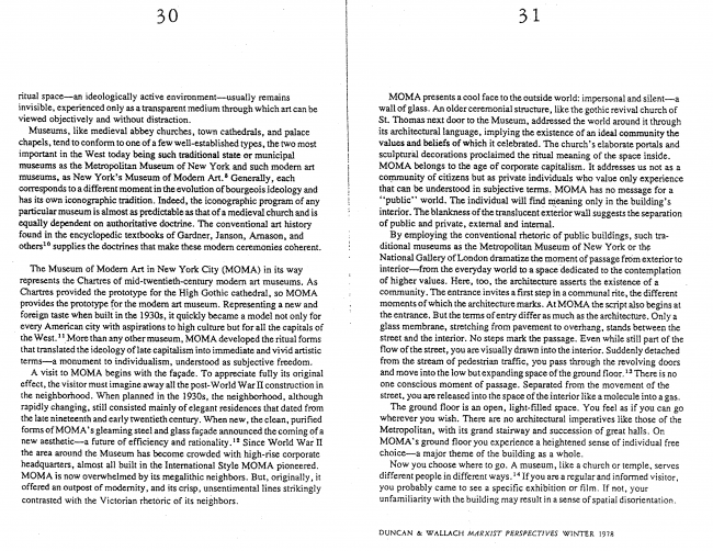 Carol Duncan y Alan Wallach, “The Museum of Modern Art as Late Capitalist Ritual: An Iconographic Analysis” [El Museo de Arte Moderno como un ritual tardo capitalista. Un análisis iconográfico], <em>Marxist Perspectives</em>, Nueva York, vol. 1, n.º 4, invierno, 1978, pp. 30-31