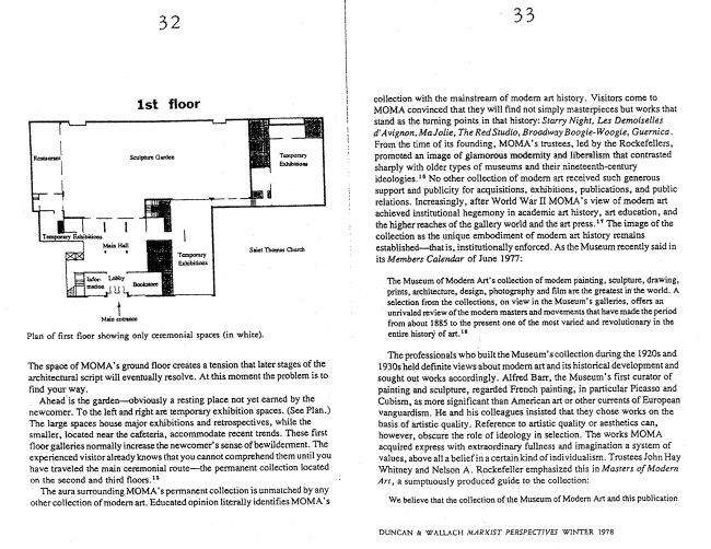 Carol Duncan y Alan Wallach, “The Museum of Modern Art as Late Capitalist Ritual: An Iconographic Analysis” [El Museo de Arte Moderno como un ritual tardo capitalista. Un análisis iconográfico], <em>Marxist Perspectives</em>, Nueva York, vol. 1, n.º 4, invierno, 1978, pp. 32-33