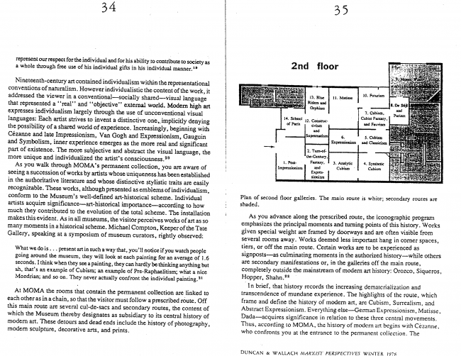 Carol Duncan y Alan Wallach, “The Museum of Modern Art as Late Capitalist Ritual: An Iconographic Analysis” [El Museo de Arte Moderno como un ritual tardo capitalista. Un análisis iconográfico], <em>Marxist Perspectives</em>, Nueva York, vol. 1, n.º 4, invierno, 1978, pp. 34-35