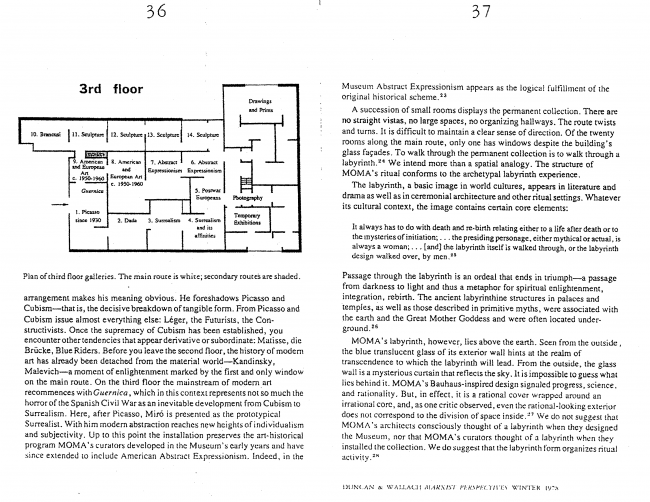 Carol Duncan y Alan Wallach, “The Museum of Modern Art as Late Capitalist Ritual: An Iconographic Analysis” [El Museo de Arte Moderno como un ritual tardo capitalista. Un análisis iconográfico], <em>Marxist Perspectives</em>, Nueva York, vol. 1, n.º 4, invierno, 1978, pp. 36-37