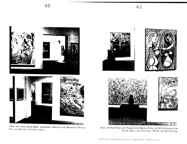 Carol Duncan y Alan Wallach, “The Museum of Modern Art as Late Capitalist Ritual: An Iconographic Analysis” [El Museo de Arte Moderno como un ritual tardo capitalista. Un análisis iconográfico], <em>Marxist Perspectives</em>, Nueva York, vol. 1, n.º 4, invierno, 1978, pp. 40-41