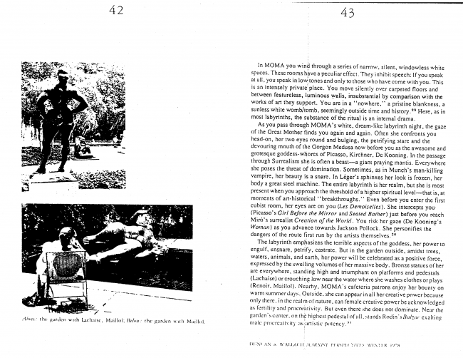 Carol Duncan y Alan Wallach, “The Museum of Modern Art as Late Capitalist Ritual: An Iconographic Analysis” [El Museo de Arte Moderno como un ritual tardo capitalista. Un análisis iconográfico], <em>Marxist Perspectives</em>, Nueva York, vol. 1, n.º 4, invierno, 1978, pp. 42-43