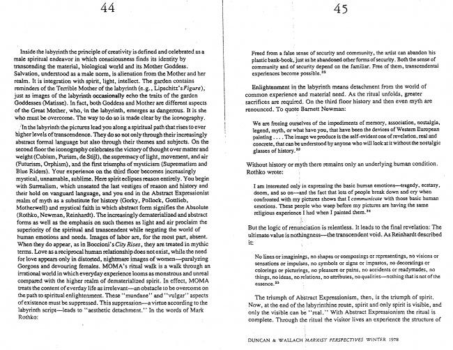 Carol Duncan y Alan Wallach, “The Museum of Modern Art as Late Capitalist Ritual: An Iconographic Analysis” [El Museo de Arte Moderno como un ritual tardo capitalista. Un análisis iconográfico], <em>Marxist Perspectives</em>, Nueva York, vol. 1, n.º 4, invierno, 1978, pp. 44-45